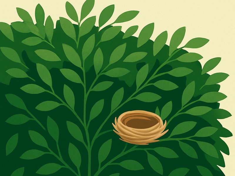 Illustration: dichte Gartenhecke im Sommer mit einem Vogelnest zwischen den Zweigen.